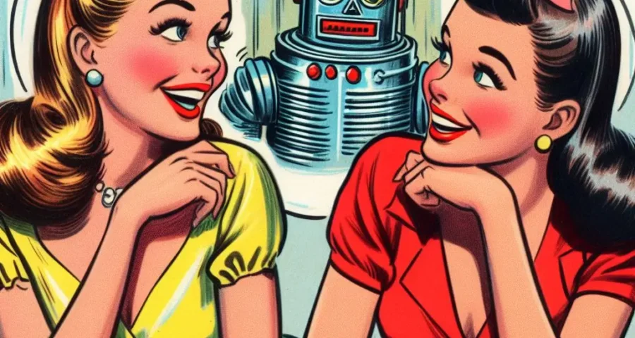 A funny cartoon depicting in the foreground two beautiful, smiling young women, casually talking, while on the background, hidden from them, a tin robot listens in to their conversation. Cartoon drawn in the style of the late 1950s.